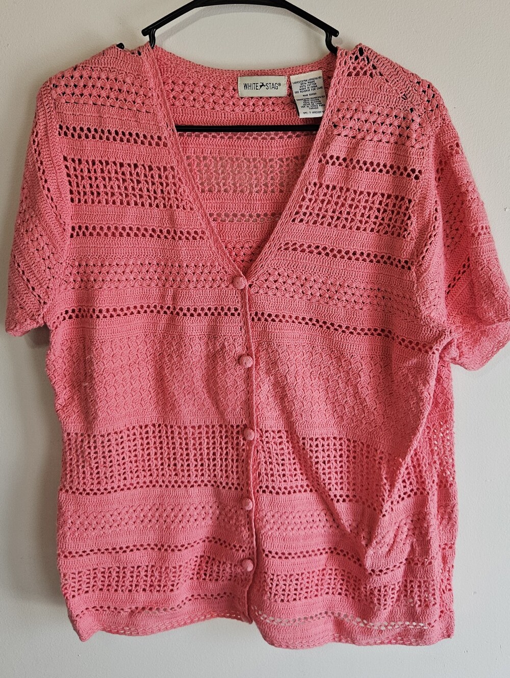 Vintage White Stag Crochet Knit Cardigan Short Sleeve Button Up Pink XL 16 18